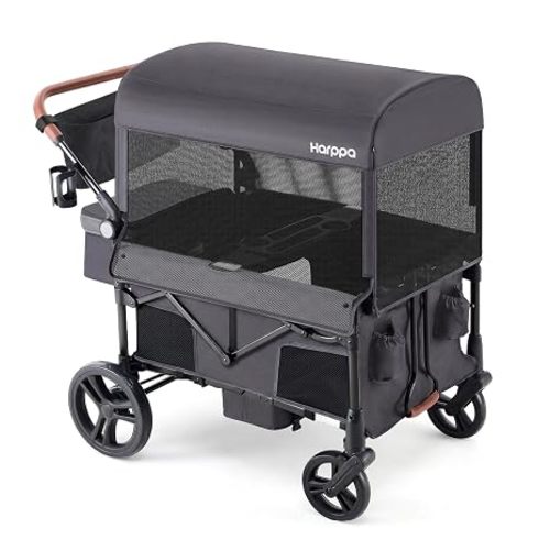 Harppa Remy 4 Seater Wagon Stroller, Foldable with Canopy for 4 Kids | Wagon Strolle with Mosquito Net Canopy,Snack Tray, 8''/12''All-Terrain Wheels, 280Ibs Capacity for Zoo, Family Outings