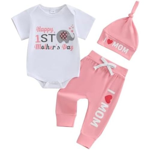 FIOMVA Baby First Mothers Day Outfits Girl Boy Short Sleeve Romper Onesie Long Pants Hat Set Newborn 1st Mothers Day Clothes