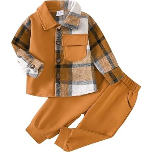 ​Baby Boys 2-Piece Boutique Set, Vintage Plaid Shirt with Classic Button Detail and Comfortable Pants (Khaki, 6-12 Months)