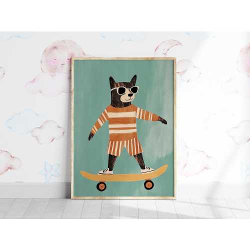 Skateboarding Dog Playroom Wall Art, Playful Children’s Poster, Colorful Whimsical Nursery Animal Digital Print, Funny Cute Kids Room Decor