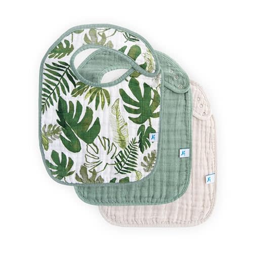 Little Unicorn Premium Classic Bib 3 pack | Adjustable as baby grows | Soft fabric on skin | Great for first time eaters (Tropical Leaf)