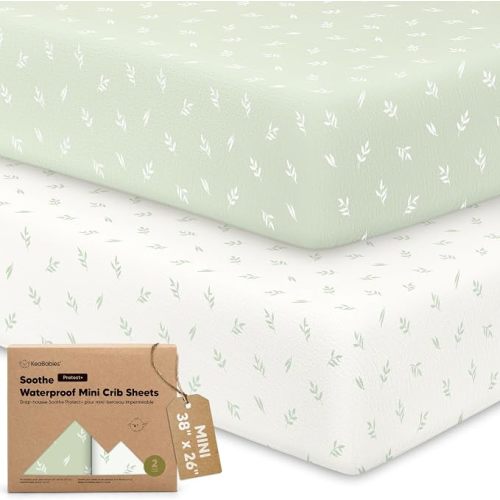 2 Pack and Play Sheets, Waterproof Mini Crib Sheet Fitted 38x26 (Herb)