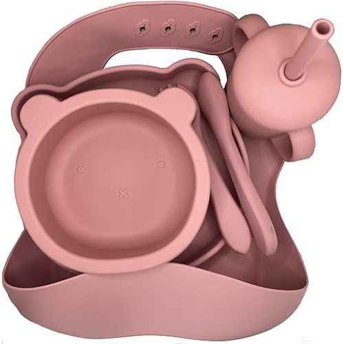 6-Piece Baby Feeding Gift Set Silicone – Suction Bowl, Bib, Fork, Spoon, Toddler Cup with Straw – BPA-Free Tableware & Cutlery – Food-Grade, Dishwasher & Microwave Safe – Pink