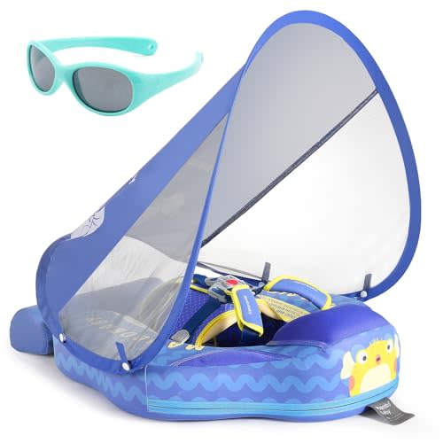 Mambobaby Float with Canopy and Tail New Upgraded Non-Inflatable Baby Pool Float Mambo Float Swim Trainer Solid Infant Swim Float Adjustable Pearl Foam Baby Swim Ring