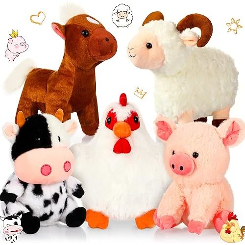 Skylety 5 Pack Farm Plush Animals Set 10 Inches Farm Stuffed Animals Barnyard Stuffed Toys Soft Pig Rooster Horse Sheep Cow Plush Toy for Birthday Party Favor Operation Christmas Items