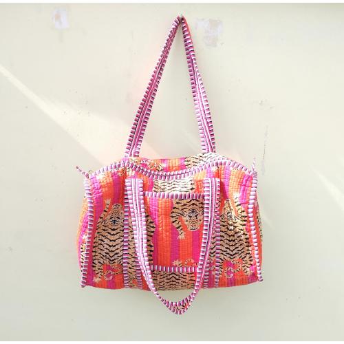 Orange Tiger Block Print Duffle Bag: Handmade Quilted Cotton Tote