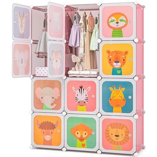 Costzon Kids Closet, Cartoon DIY Modular Dresser Storage Organizer with 12 Cubes & 2 Clothes Hanging Rack, Portable Armoire for Baby Toddlers, Kids Wardrobe for Bedroom Nursery (Pink)