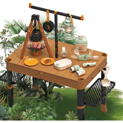 Adofi Kids Table, Outdoor Camping Storable Play Table Set, Toddler Table and Chairs Set, Outdoor Pretend Play Camping Toys with Light for Kids, Toy for Boys Girls 3 6 Years