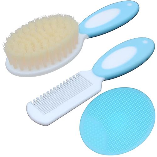 Baby Hair Brush &Silicone Baby Cradle Cap Brush Set, for Newborns & Toddlers-Natural Soft Goat Bristles-Ideal for Cradle Cap-Perfect Baby Registry Gift (Blue)