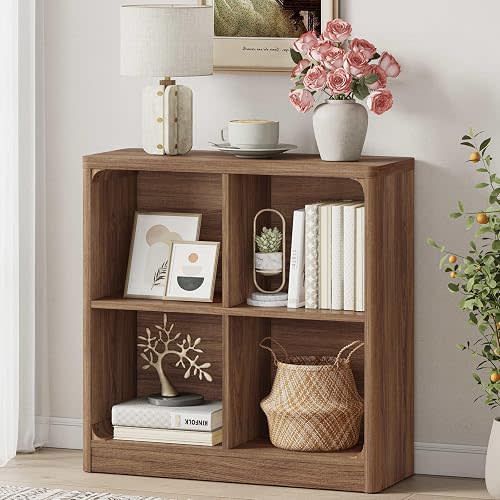 4 Cube Storage Bookcase, Rustic Wood Cube Bookcase Shelf Organizer, Small Storage Bookshelf for Living Room, Home Office, Kids' Room, Bedroom (Walnut)