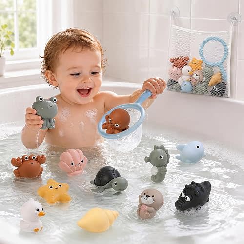 No-Hole Ocean Bath Toys for Toddlers 1-3, BPA-Free | 12 Floating Animals, Fishing Net & Mesh Storage Bag, Sensory Water Play, Bathtub Pool Fun, Gift for 6 12 18 Months Infant