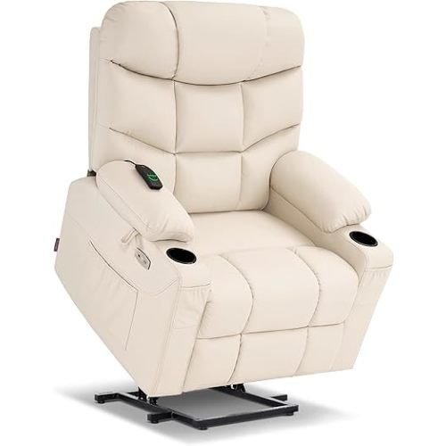 MCombo Power Lift Recliner Chair for Elderly, for Mom, Electric Lift Chair with Extended Footrest, USB Ports, Cup Holders, Faux Leather 7287 (Cream White, Medium)