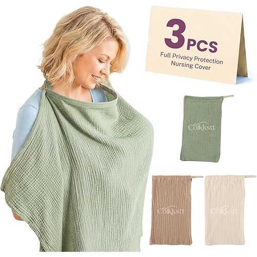 3 Pack Breathable Nursing Cover Up, Breastfeeding Essentials Chest Privacy Cloth Soft Cotton Lightweight Professional Apron Women New Mom Baby Shower Gift (Green Camel Khaki)