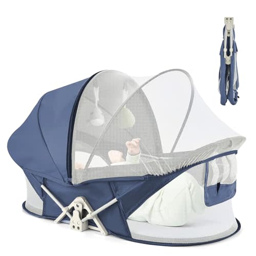 Portable Baby Bassinet Travel Baby Bed, Baby Cribs Travel Pod for Outdoors Baby Lounger Infant Travel Bed with Mosquito Net and Sunshade Canopy, Lightweight Washable