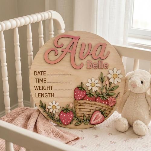 Personalized Strawberry Birth Stats Sign, Wooden Baby Birth Announcement Plaque, Floral Nursery Name Sign, Baby Girl Keepsake Berry Decor