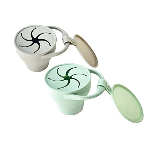 otterlove Collapsable Silicone Snack Container With Attachable Lid | 100% Pure LFGB Platinum Silicone with No Fillers | Snack Cup (2 Pack - Sage & Sand)