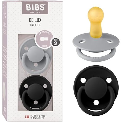 BIBS Pacifiers - De Lux Collection | BPA-Free Baby Pacifier | Made in Denmark | Set of 2 Cloud/Black Color Premium Soothers | Size 6-18 Months
