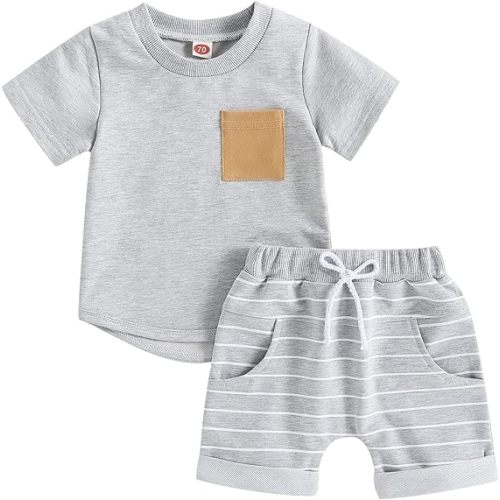 Baby Toddler Boy Clothes Summer Outfits 6 12 18 24 Months Patchwork Short Sleeve T Shirt & Shorts Sets with Pockets