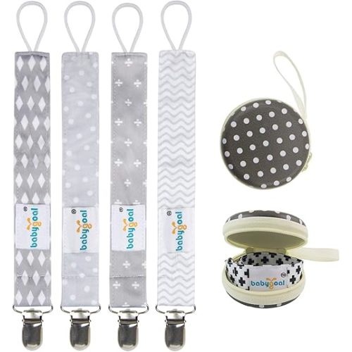 babygoal Baby Pacifier Clips with Pacifier Case, 4 Pack Pacifer Holder for Girls and Boys Fits for Pacifiers and Binkies