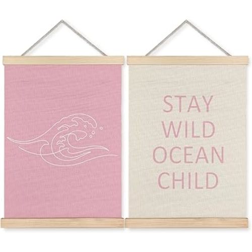 BearCake Stay Wild Ocean Child Pink Beach Nursery Wall Decor Art Poster Hanger Frame, Coastal Ocean Canvas Prints Framed Wall Decor for Nursery Kids Toddler Room Playroom, 12x16 Inch Set of 2
