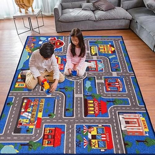 Kids Carpet Playmat Rug 59"x39.4", Car Rug for Kids Cars, Non-Slip Town City Road Map Kids Rugs for Playroom Bedroom Boys, Kids Cars Play Mat Track Road Rugs for Kid (59X39.4Inch,Blue)