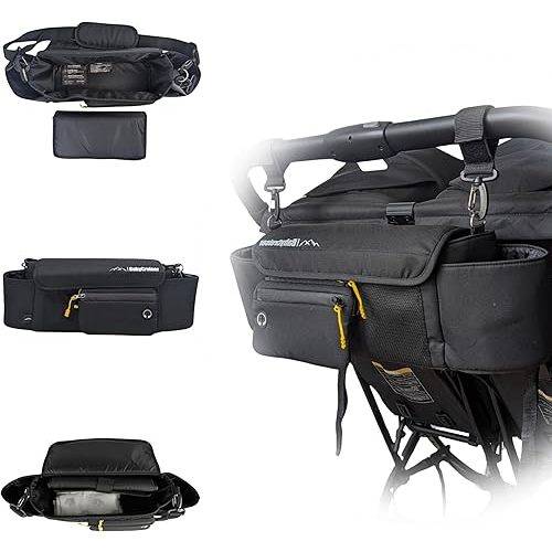 Stroller Caddy Double Organizer with Cup Holder Phone Pocket Changing Mat Straps Mounted 2 x Stroller Water Bottle Holder