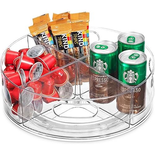 Oizeir Lazy Susan Turntable - Clear Acrylic, Removable Sections, Rotates 360 Degrees. Easily Organize Your Fridge, Cabinet or Counter. Great Carousel Storage for Food, Spices, Cosmetics. (4-Sections)