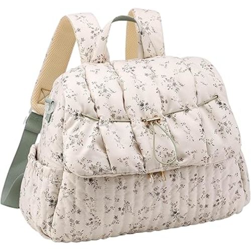 Lushandy Quilted Diaper Bag Backpack, Vintage Floral Puffer Diaper Backpack Large Baby Travel Bag Mom Hospital Bag