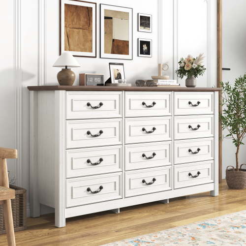 ChVans Farmhouse 12 Drawers Dresser for Bedroom, 63'' Wide Wood Rustic Chest of Drawers with Natural Texture, Vintage Design, Large Storage Dressers Organizer for Living Room, Hallway