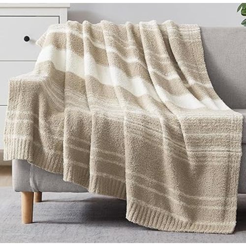 WRENGONGE Khaki Throw Blanket, 50x70 Soft Cozy Striped Throw Blankets for Couch, Sofa, Bed, Travel, Lightweight Fluffy Warm Plush Decorative Blankets for Women, Men,Kids Gift