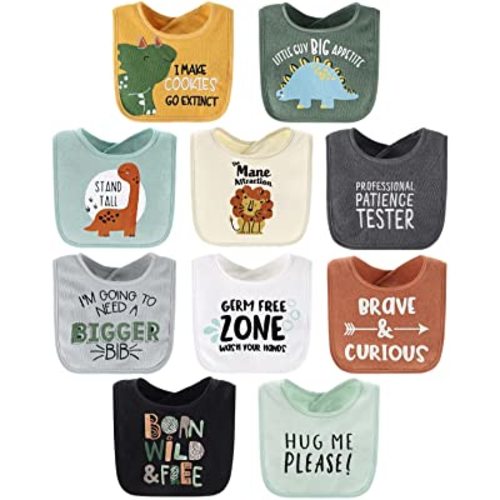 The Peanutshell Terry Bib Set for Baby Boys | 10 pack for Feeding, Teething, & Drooling | Dinosaur