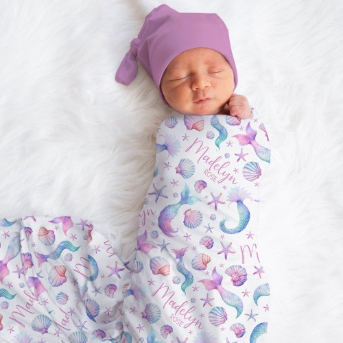 Personalized Mermaid Swaddle Blanket Ocean Name Baby Blanket Newborn Baby Girl Coming Home Outfit Hospital Photo Outfit Baby Shower Gift