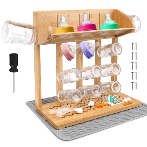 Windspeed Wooden Bottle Drying Rack for Baby Bottle Rack Dryer with Drain Pad, Space Saving for 11 Milk Glass Baby Feeder, Ideal Too for Busy Parents