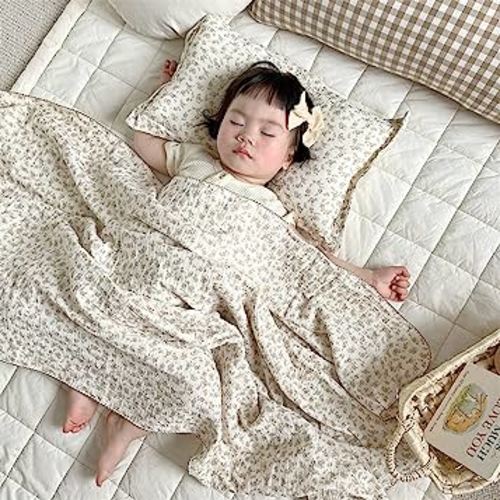 BuLuTu 4 Layer Toddler Blanket 100% Cotton Muslin Bed Blankets for Kids,Girls,Boys, Designed with Cute Camellia Flowers Lightweight Thermal Baby Blanket, Super Soft and Warm Crib Blanket, 47x51