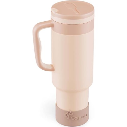 40 oz Insulated Tumbler with Handle and Push-Button Straw Lid, Stainless Steel Travel Cup for Gym Office, Leakproof, BPA-Free, Cup Holder Friendly, Bow Silicone Boot, Beige (Cream Latte)