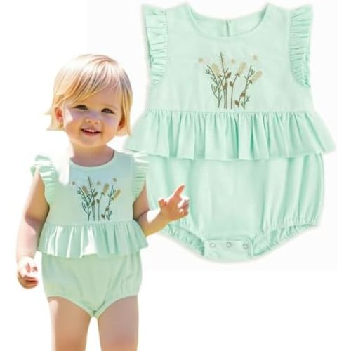 Simplee kids Newborn Infant Rompers Baby Girls Summer Ruffle Sleeveless Embroidery Bodysuit Outfits