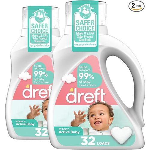 Dreft Active Baby Liquid Laundry Detergent, Helps Remove 99% of Baby Food Stains, Hypoallergenic, 2 pack, 32 loads each