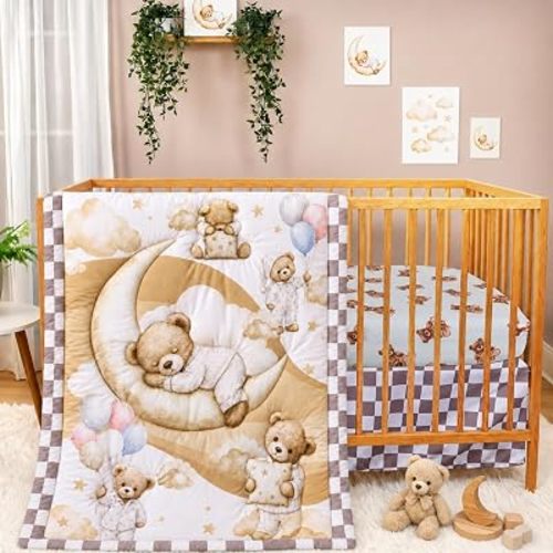 Baby Crib Bedding Set Bear Checked Neutral Nursery Comforter Bed Sets