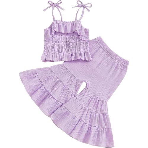 Kavousa Toddler Baby Girl Smocked Outfit Ruffle Halter Shirt Flared Pants Set Toddler Bell Bottom Outfit Summer Clothes