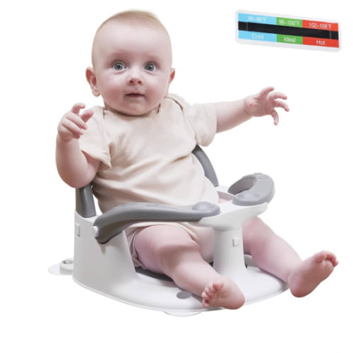 Baby Bath seat for Babies 6 Months & up, 360° Stable Toddler Bath Chair with one-Touch Button, Back Hollow Design, Water Temperature Card & 4 Suction Cups for Safety (Gray)