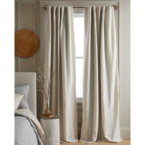 Coastal Stripe Linen/Cotton Blackout Curtain in Ivory/Light Blue