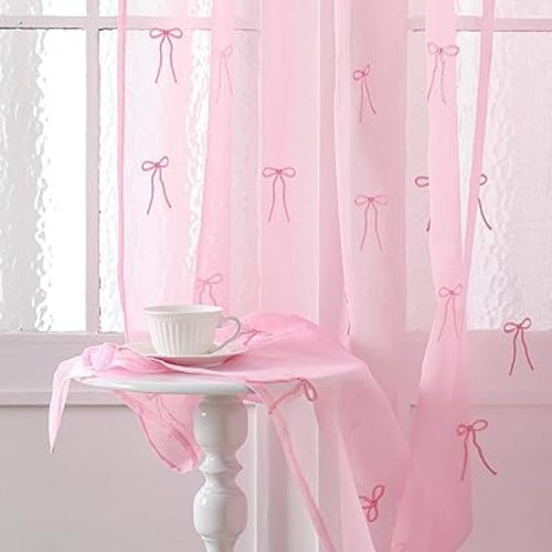Tegeme 2 Panels Pink Bow Sheer Curtains 84 Inches Long Embroidered Voile Curtains Decorative Coquettish Sheer Shades Faux Linen Semi Window Decor for Home Party Office