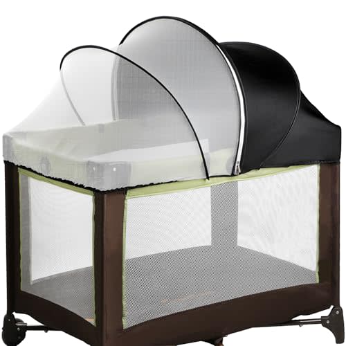 Pack N Play Tent Cover - Half-Blackout Mosquito Net for Crib & Playpen, Baby Bassinet Cover for Cats with 2-Way Zipper, Sun-Blocking Bug Net for Travel Crib (Black-Large)
