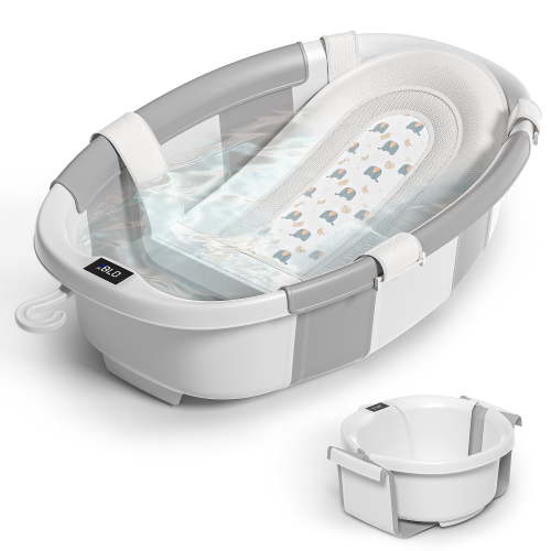 Collapsible Baby Bathtub with Soft Cushion and Thermometer-Grey