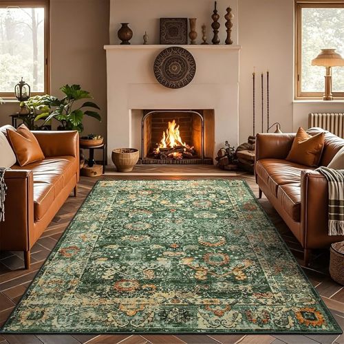 Andecor Green Washable Area Rug, 6x9 Vintage Rugs for Living Room, Bedroom, Kids Room, Nursery, Dining Room, Non-Slip Low Pile Foldable Indoor Carpet