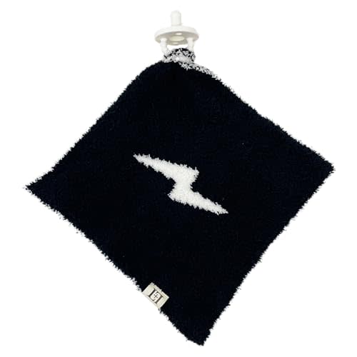 L+L USA Lightning Bolt Baby Lovey Pacifier/Teether Holder 10"x10" - DreamSoft Plush Fluffy Cuddly Soothie Reversible Mini Comfort Blanket - Newborn Gift Essential Babies Boys and Girls (Black/White)