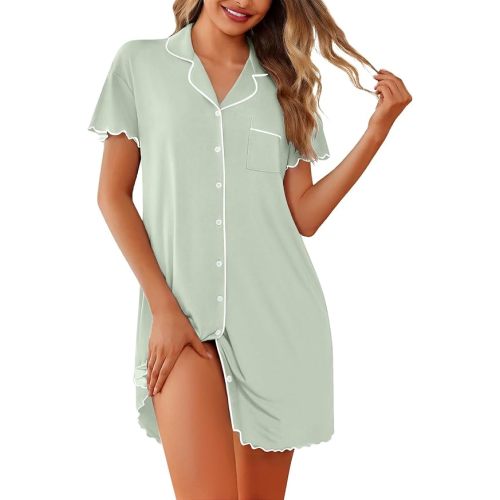 Ekouaer Nightgowns for Women Button Down Sleep Shirt Short Sleeve NightShirts Boyfriend Sleepdress Soft Pajama Dress