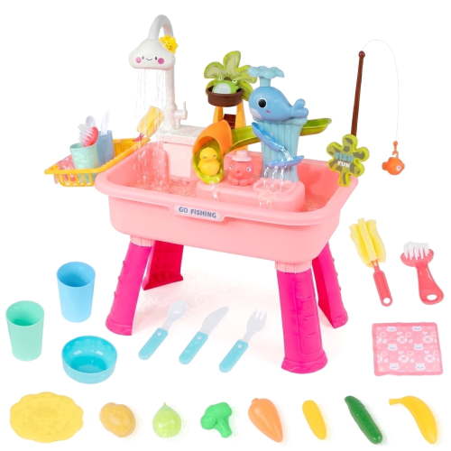 Pink Water Table for Girls/ 2–7 Years,20 in/51 cm, Outdoor Sensory Toys , Gift for Kids Play Kitchen Sink with Pump & Running Water, Fishing Game.