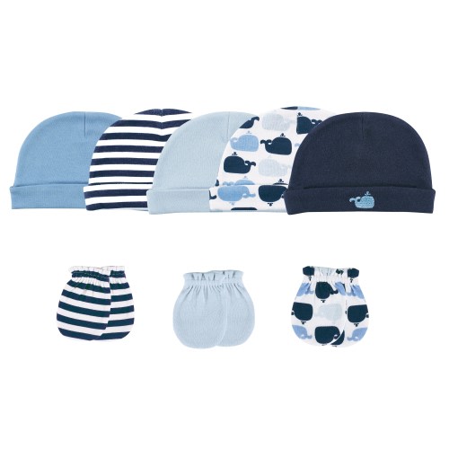 Luvable Friends Baby Boy Cotton Caps and Scratch Mittens 8pk, Whale, 0-6 Months - Whale