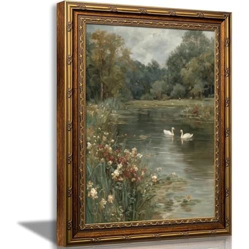 Vintage Gold Framed Impressionist Swan Lake Landscape Painting 12x16Inch